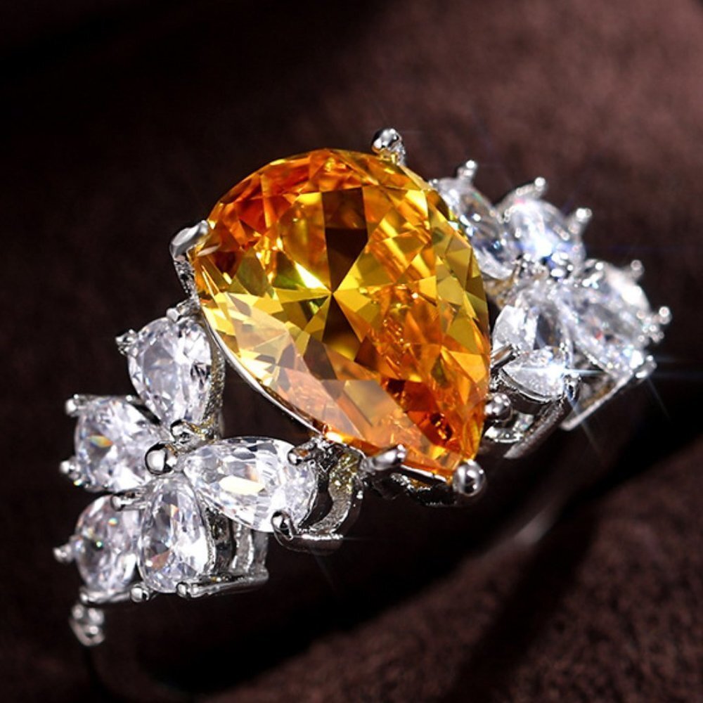 🎁Crystal Clear Sweet Light Yellow Pear Flower Silver Rings for Women,MARR9130